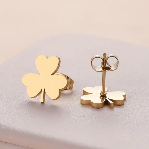 Clover Leaf Stud Earrings - SET of 3 -  Stainless Steel - Gold, Silver, Black - Picture 3 of 8